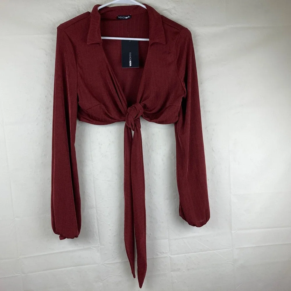 NEW Fashion Nova Slinky Crop Top Womens L Brick Red Tie Front Ribbed Boho Hippie